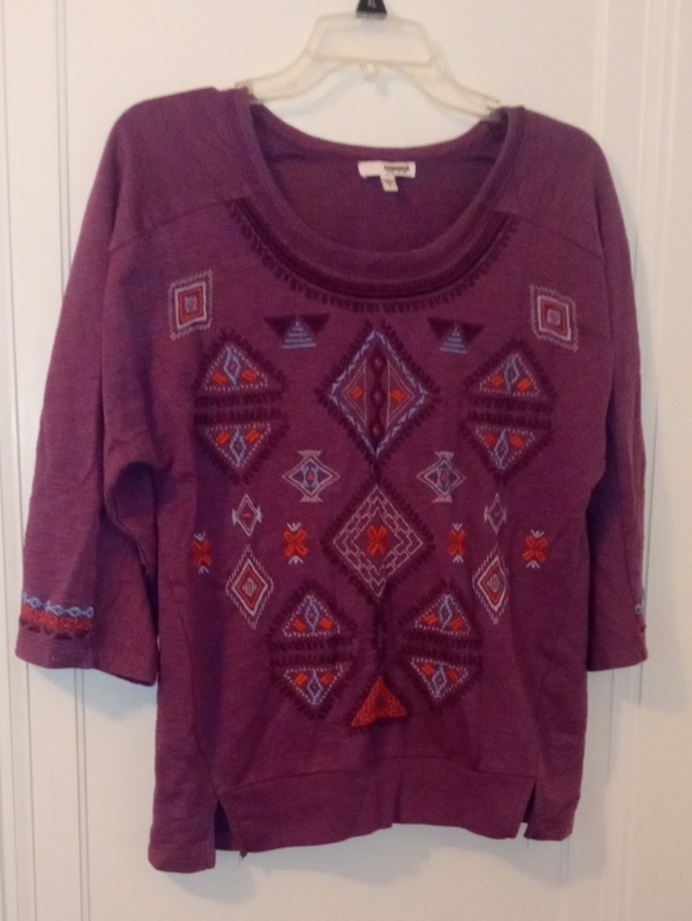 women small soft sweatshirt material purple stitched design, 3/4 sleeve
